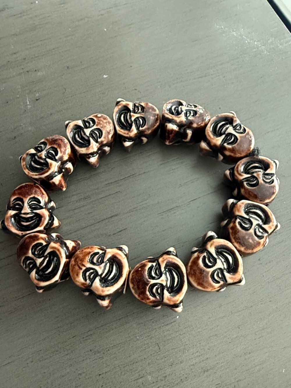 Ceramic Laughing Buddha Bead Stretch Bracelet in Brown